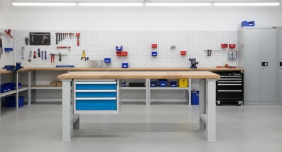 Werkbänke mit Buchenholzplatte und Unterbau-Schubladenschränken