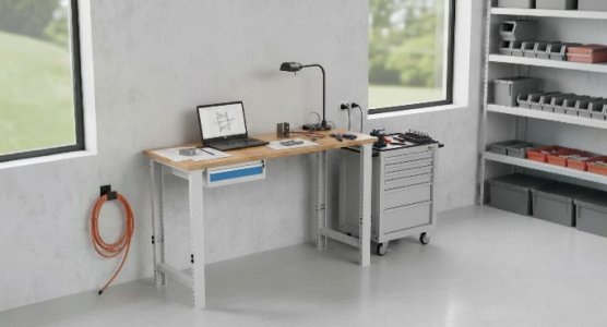 Höhenverstellbare Werkbänke mit Buchenholz-Arbeitsplatte